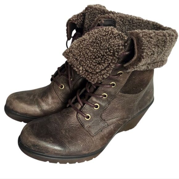 Ecco Brown Distressed Leather Shearling Lace Up Wedge Ankle Boots 36EU / US 5.5 - Picture 3 of 11